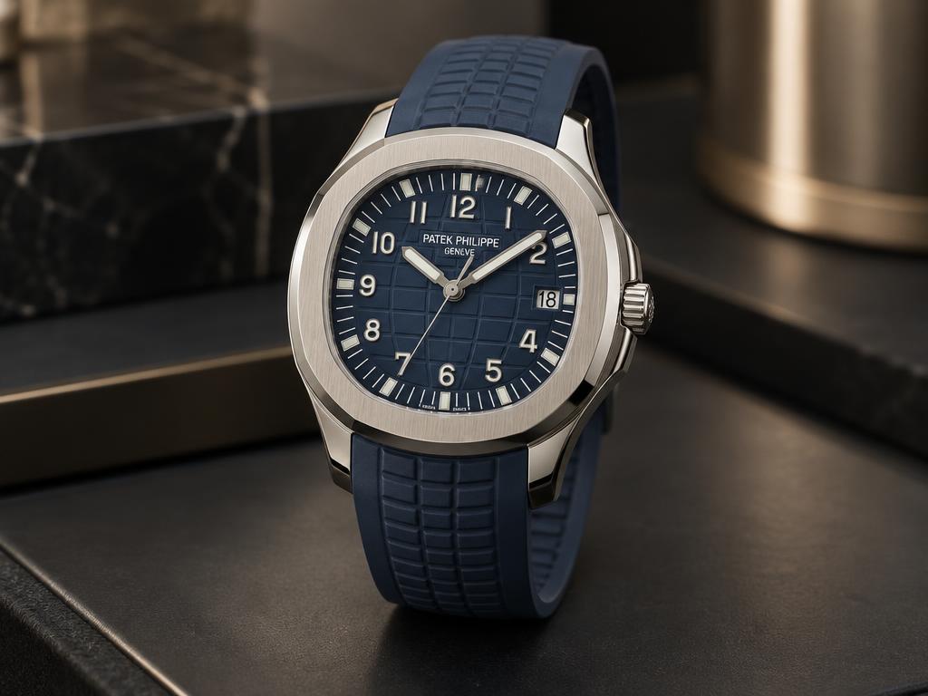 Relógio Patek Philippe Aquanaut azul em fotografia editorial realista